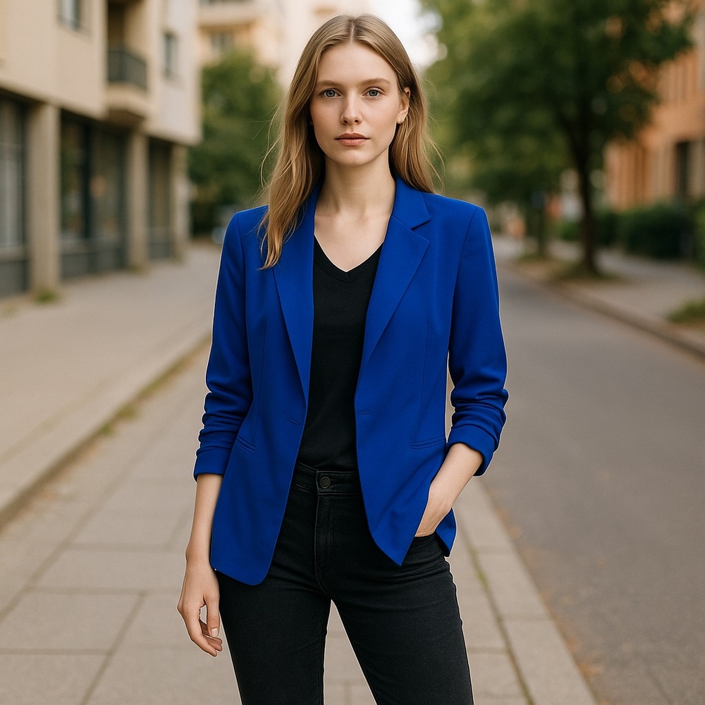 NWT PHILOSOPHY ROYAL BLUE RUCHED SLEEVE NON WRINKLE BLAZER XS